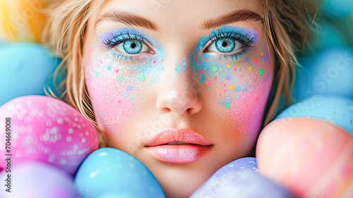 Girl with colorful paint on her face, representing the colors of Easter, Easter celebrations, people concept, generative ai