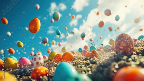  a bunch of colorful eggs floating in the air with a blue sky in the back ground and clouds in the background.
