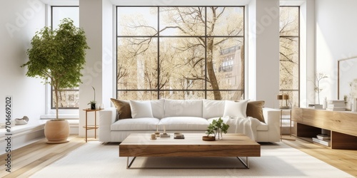 Modern living room with cozy sofa and coffee table by windows in large white-walled apartment.