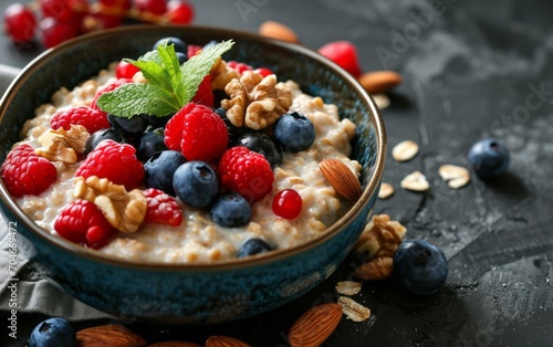 Close-up of a bowl of oatmeal with berries and nuts.