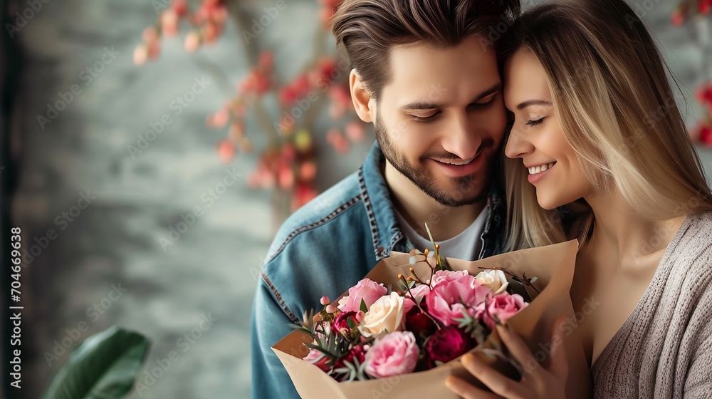 Beautiful inlove man and woman with flowers and gift box. Happy couple in Valentine's Day Beautiful inlove man and woman with flowers and gift box. Happy couple in Valentine's Day