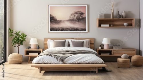 Wooden bedframe in a minimalist bedroom with a landscape picture above it