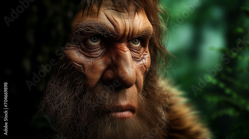 Portrait of a neanderthal man in the forest photo
