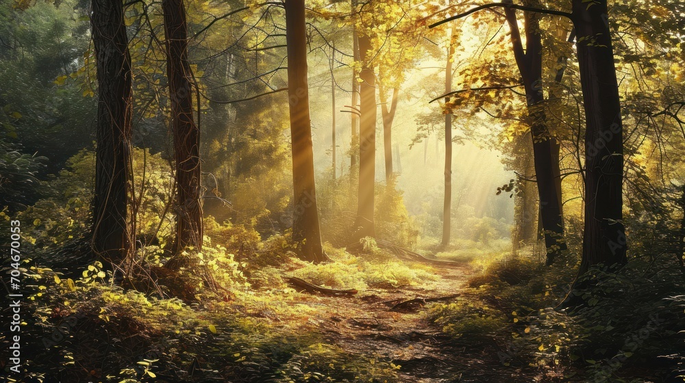  a painting of a path through a forest with sun shining through the trees on the other side of the path.
