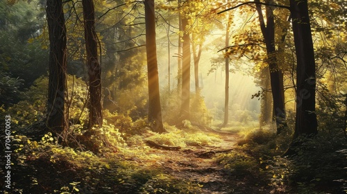  a painting of a path through a forest with sun shining through the trees on the other side of the path.