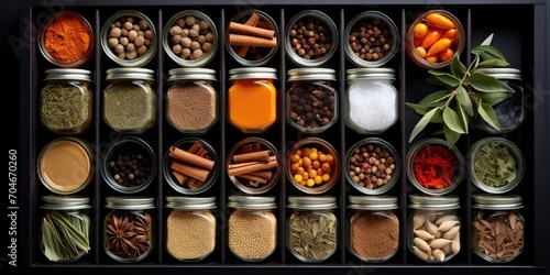 Contemporary kitchen counter with ingredients and organized spice drawers seen from above.