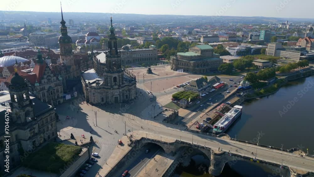 Zwinger, Opera Church at River City Dresden. Magic aerial top view flight drone Zwinger, Opera Church at River City Dresden. Magic aerial top view flight drone