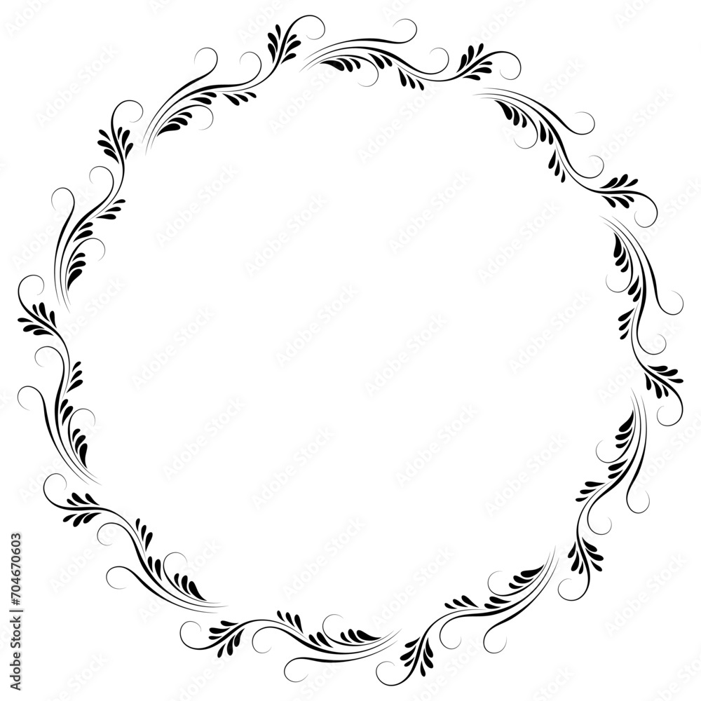 Floral round frame. Ornament with foliage in retro style isolated on white background.