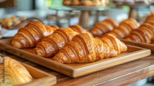 Fresh croissants in rectangle wooden tray, hotel breakfast bakery and pastry bar 