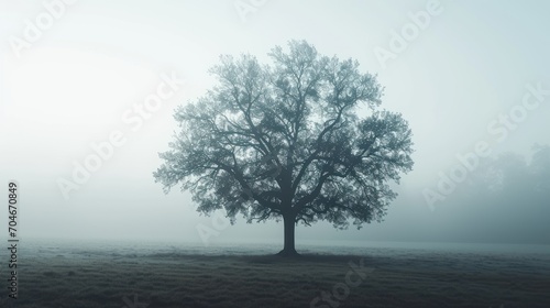  a lone tree in the middle of a field on a foggy day with the sun shining through the trees.