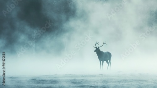  a deer standing in a foggy field with antlers on it's head and antlers in the foreground. © Anna