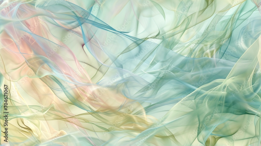 Obraz premium an abstract painting of blue, green, yellow, and pink swirls on a light green and light blue background.