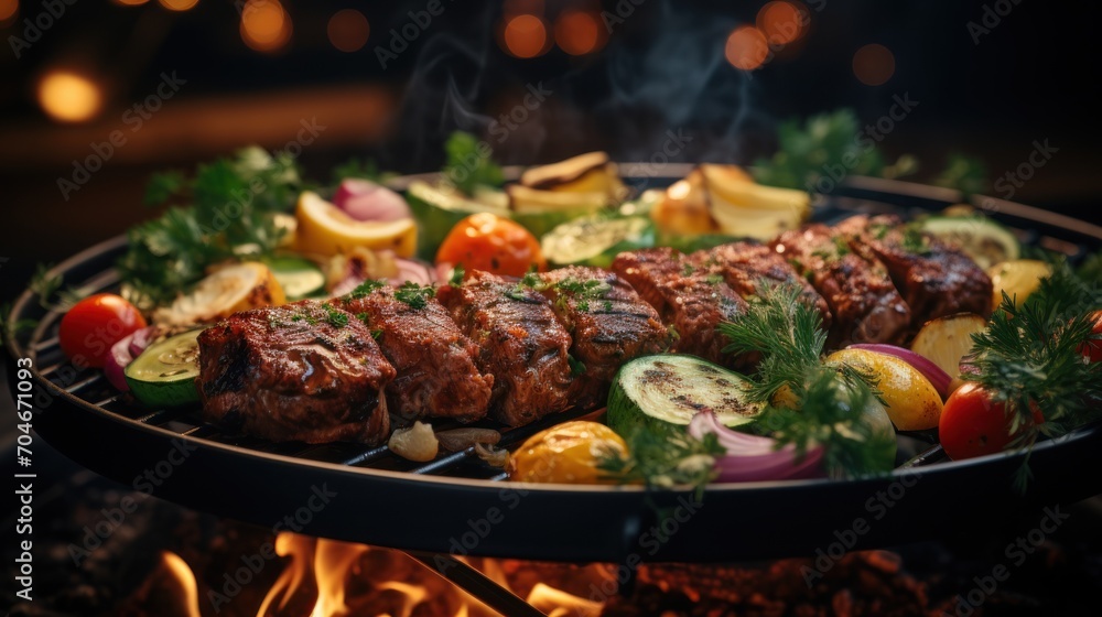 Assorted delicious grilled meat with vegetables