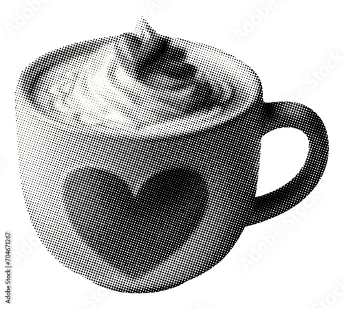 heart mug with coffee and whipped cream isolated retro grunge halftone dotted texture new year collage element for mixed media design
