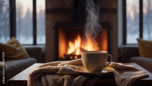 fireplace with a cup of coffee