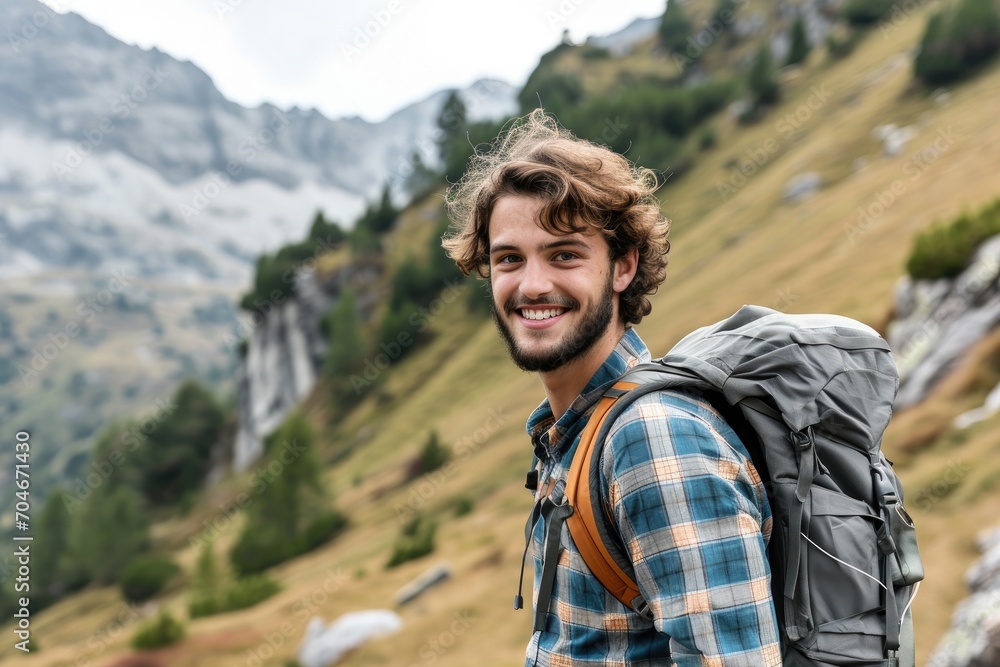 Smiling young man with a backpack enjoying a hike in the mountains