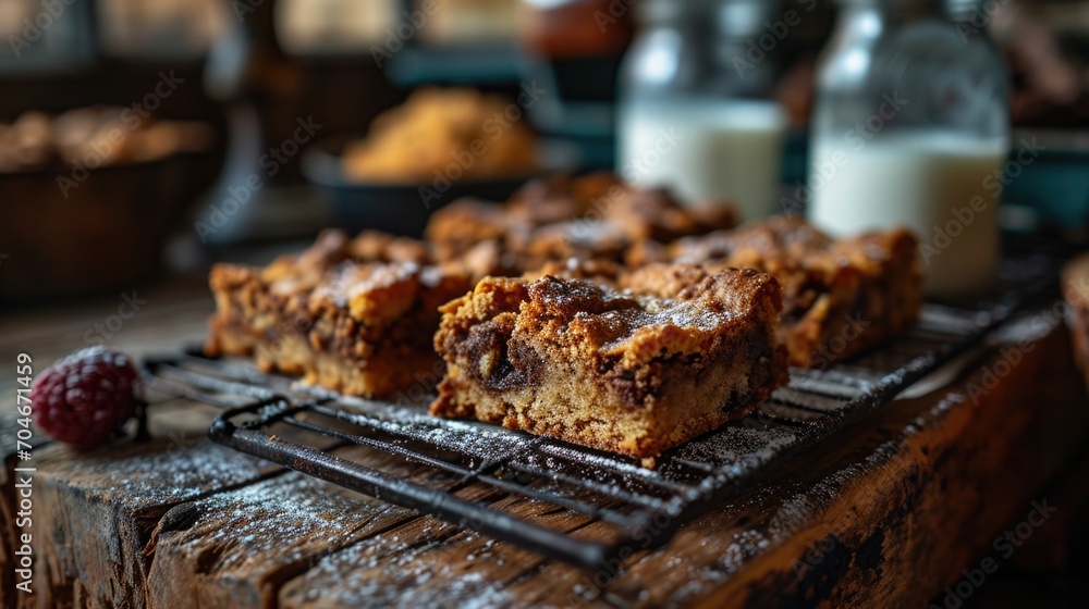 National Blonde Brownie Day: Freshly baked blonde brownies on a cooling rack with a glass of milk on the side National Blonde Brownie Day: Freshly baked blonde brownies on a cooling rack with a glass of milk on the side