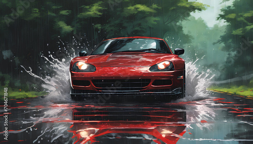 oil painting of a stunning scene of a red sport car driving down a wet road with a reflexion, surrounded by lush trees on either side 