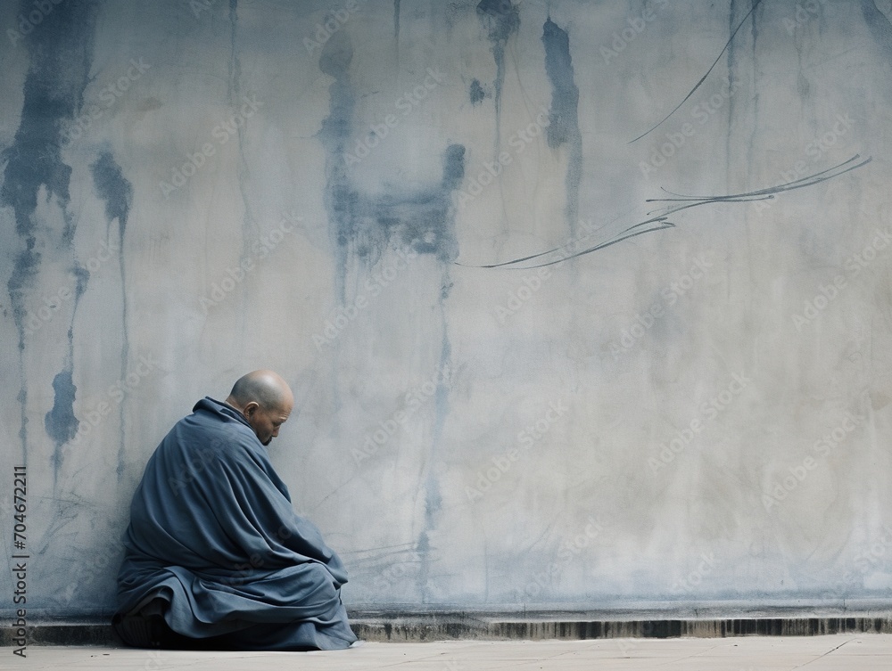 A lone Buddhist monk sits in meditation against a plain wall