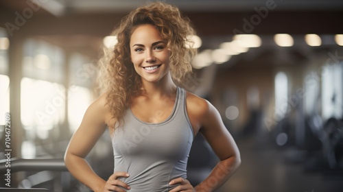 Portrait of a young woman with curly hair smiling in a fitness center