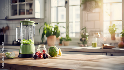 a bottle of green smoothie on the kitchen. Health-conscious, lifestyle concept photo