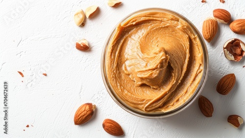 Peanut paste in glass bowl and nuts on white background. Healthy nutrition concept. Space for text. Close up. National peanut butter day. photo