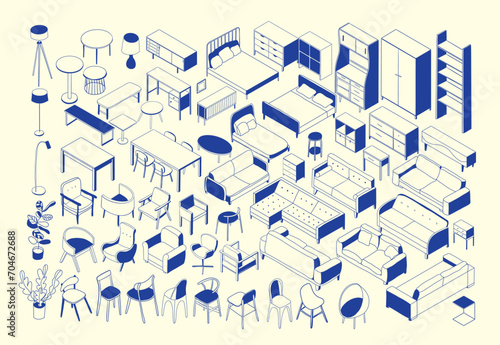 isometric furniture collection for interior design and architecture