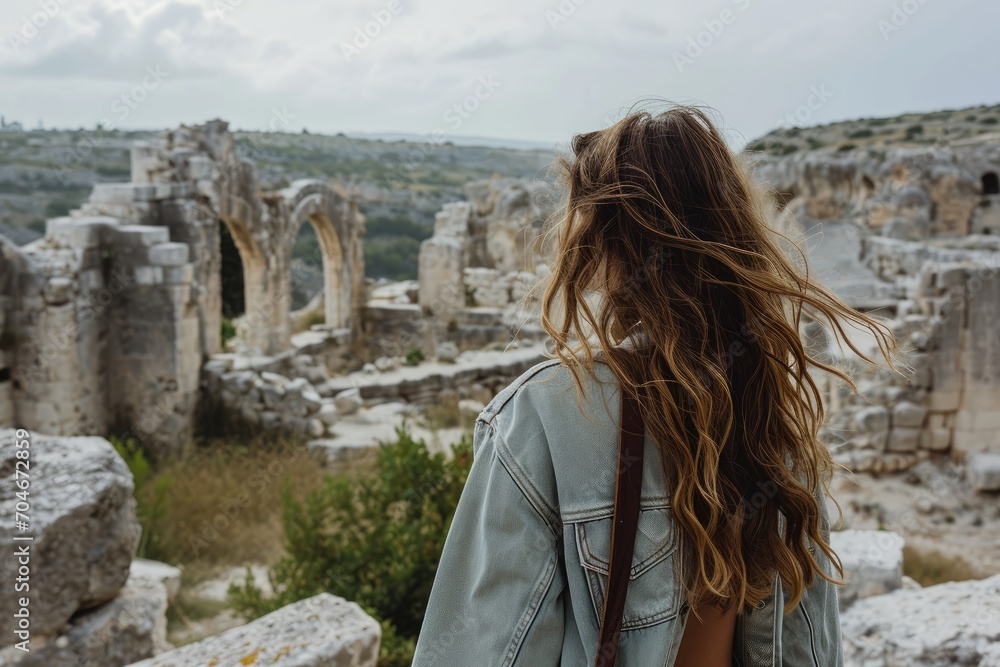 Young European Woman Exploring Ancient Ruins