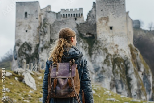 Young European Woman Exploring a Medieval Castle