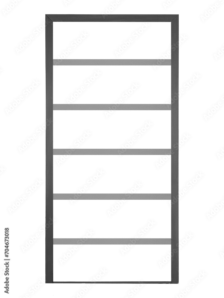 Showcase mockup with shelves for store is isolated on transparent background. Black vertical showcase with gray shelves. Showcase mockup with shelves for store is isolated on transparent background. Black vertical showcase with gray shelves.