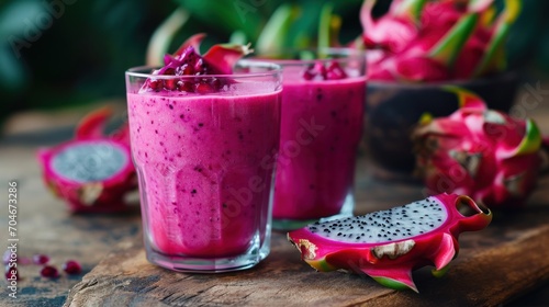  a dragon fruit smoothie in a glass next to a dragon fruit cut in half on a wooden cutting board.