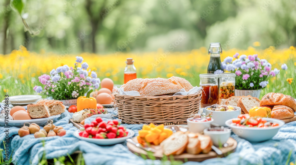 Picnic in the countryside, with all the elements, including tablecloths, utensils and food, romantic atmosphere, lifestyle concept, generative ai