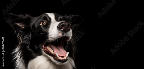 Black and white dog with open mouth close-up on a horizontal banner with space for text. A trained dog looks up, an intelligent look, a white fang. open mouth. Dog food advertisement.