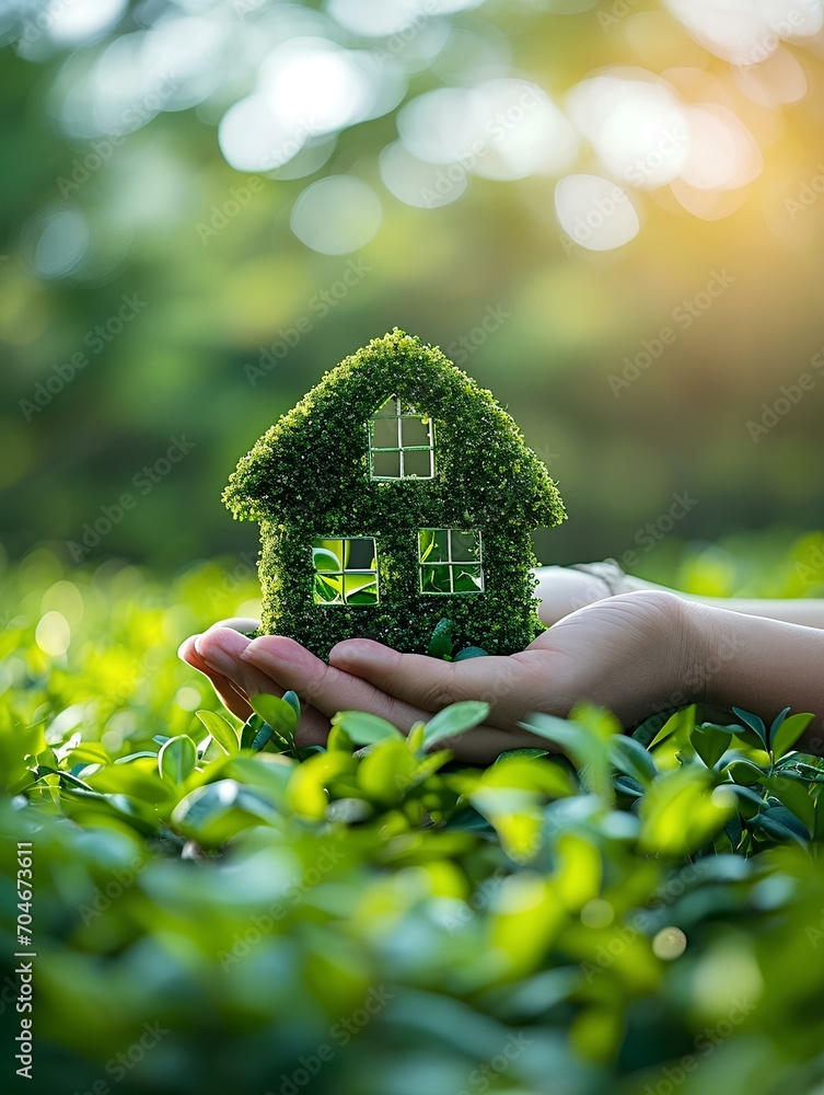 Holding a small miniature house model with both hands against the backdrop of green forests and parks. sustainability and eco-friendly living. generative AI - obrazy, fototapety, plakaty 