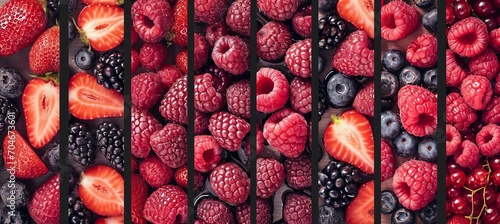 Assorted berry product compilation with white vertical lines on bright white backdrop