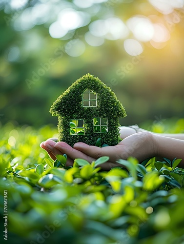Holding a small miniature house model with both hands against the backdrop of green forests and parks. sustainability and eco-friendly living. generative AI