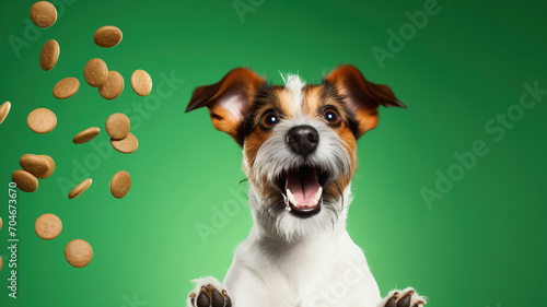 Funny dog with falling cookies on green background. Jack Russell Terrier. Power concept. Funny dog with falling cookies on green background. Dog food advertisement. photo