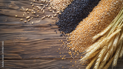 Assorted Grains on Wooden Table - Rice, Wheat, Barley, Corn, Oats, Millet and Quinoa Stock Image photo