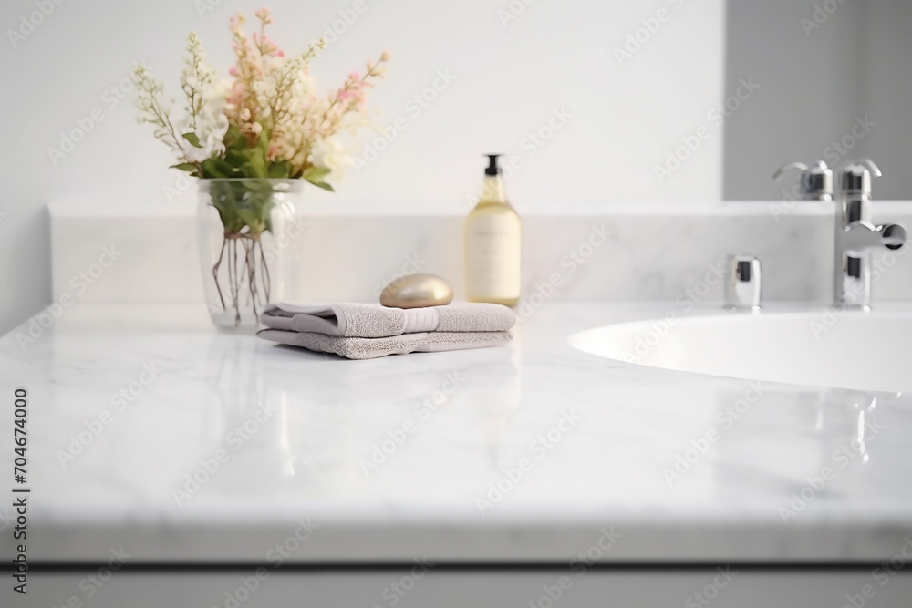 Light elegant modern bathroom interior with white marble empty tabletop for product display. Generative AI Light elegant modern bathroom interior with white marble empty tabletop for product display. Generative AI