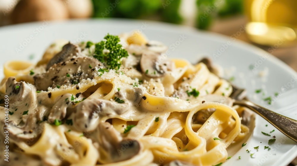 a pasta dish with mushrooms and broccoli on a white plate with a fork and a glass of wine in the background. a pasta dish with mushrooms and broccoli on a white plate with a fork and a glass of wine in the background.