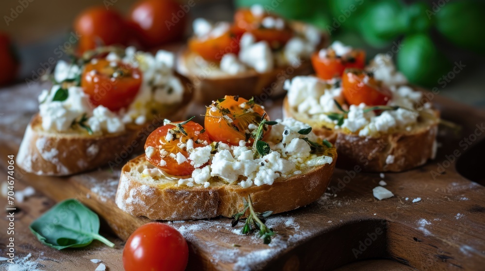 a wooden cutting board topped with bread covered in cheese and toppings next to a pile of tomatoes and basil. a wooden cutting board topped with bread covered in cheese and toppings next to a pile of tomatoes and basil.