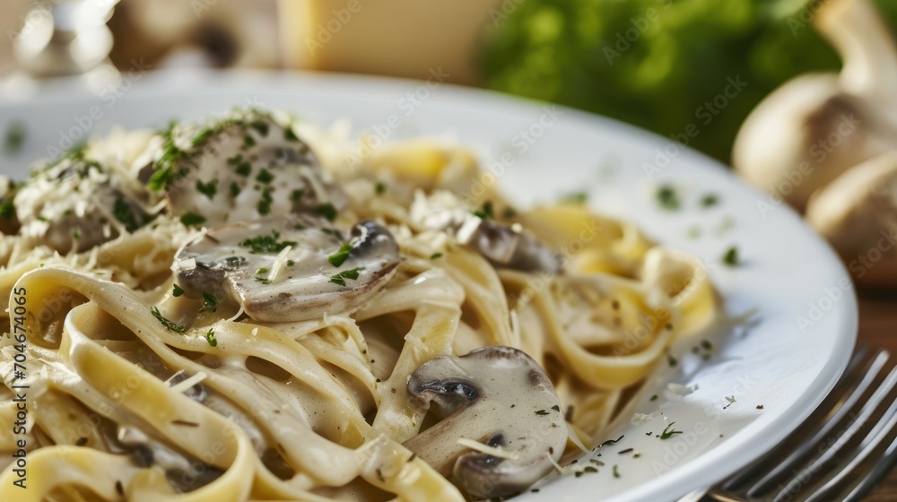  a plate of pasta with mushrooms, parmesan cheese and parsley on a table with a knife and fork.