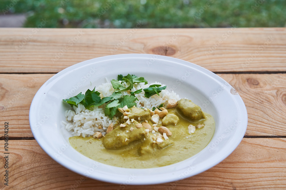 Sweet and spicy lamb curry, traditional recipe from Indian cuisine made from lamb meat, coconut milk, vegetables and cashew nuts with basmati rice and served outdoor in garden on rustic wooden table.