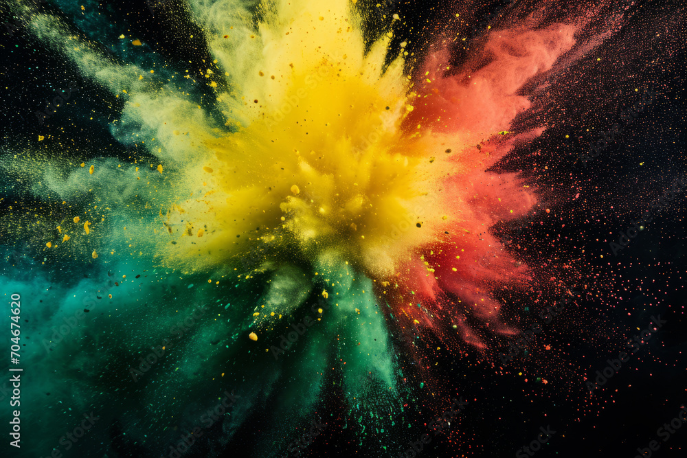 Colored powder explosion. Explosive splash red, yellow, green color powder dusk on black background. Black history month background - obrazy, fototapety, plakaty 