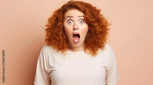 Surprised redhead girl with open mouth on beige background. Close-up portrait of a girl with her eyes wide open and her mouth open. Emotions of delight and delight.