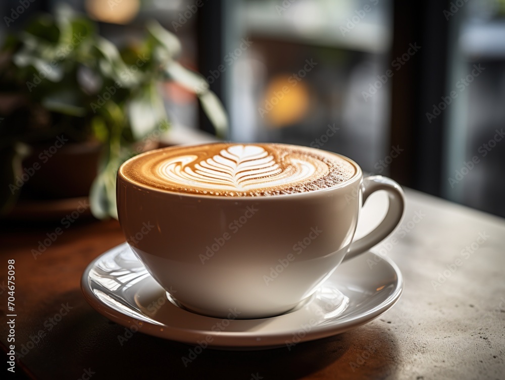 Cappuccino with latte art in a white ceramic cup on a saucer Cappuccino with latte art in a white ceramic cup on a saucer
