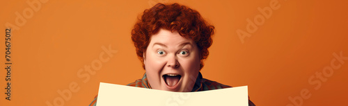 Surprised redhead fat female guy with blank sheet of paper on orange background. Horizontal banner with a portrait of the lucky owner of the gift of fate.