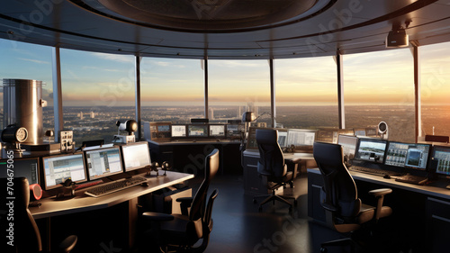 Workplace in the tower at the airport. Traffic control at the seaport. Flight control center. © Татьяна Прокопчук