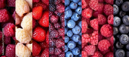 Collage of berry products divided with white vertical lines in 7 brightly lit segments