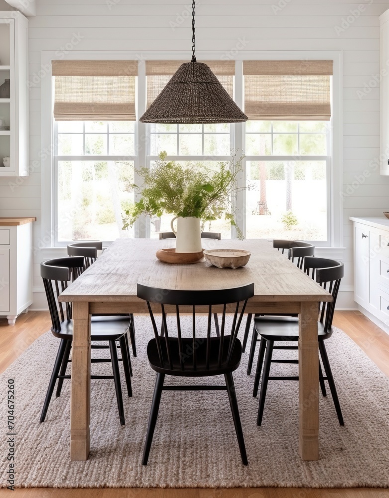 Black chairs and wood table in a modern dining room